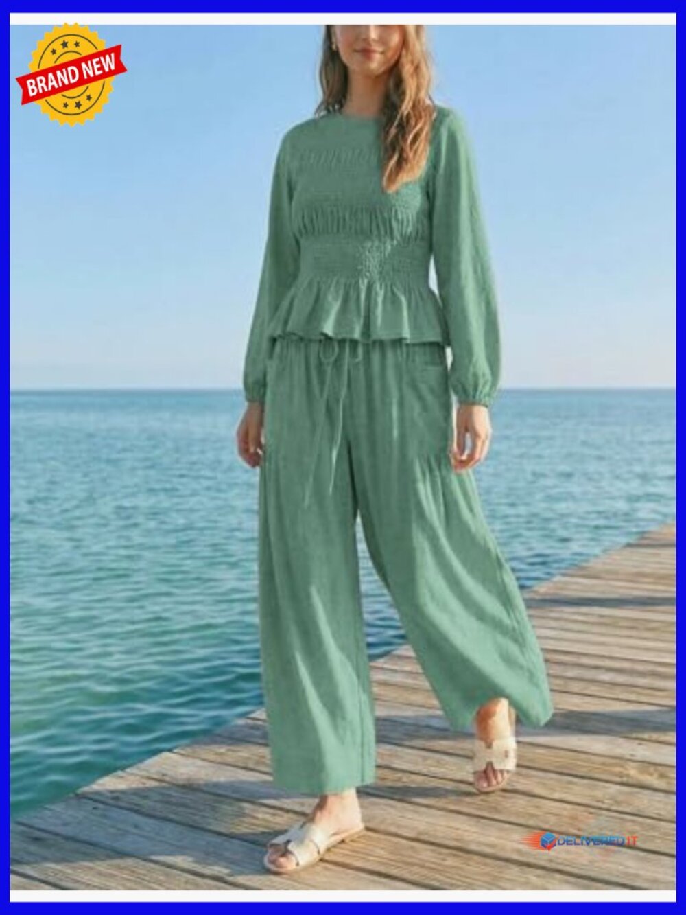 Women's Smocked Top & Wide Leg Pants Set Lounge Outfit with Pockets - Picture 3 of 7